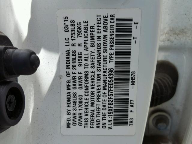 19XFB2F57FE054396 - 2015 HONDA CIVIC LX WHITE photo 10