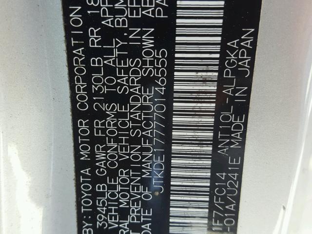 JTKDE177770146555 - 2007 TOYOTA SCION TC 银色 照片 10