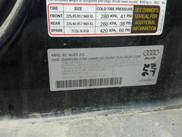 WAUKD78P76A089735 - 2006 AUDI A3 S-LINE BLACK photo 10