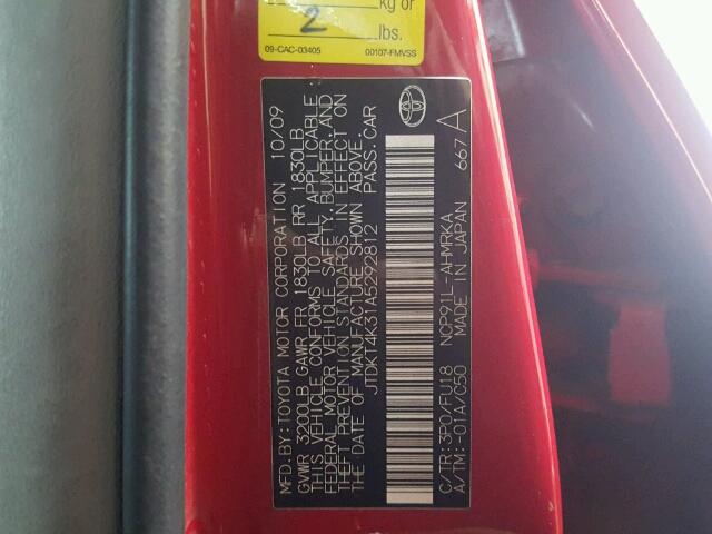 JTDKT4K31A5292812 - 2010 TOYOTA YARIS RED photo 10