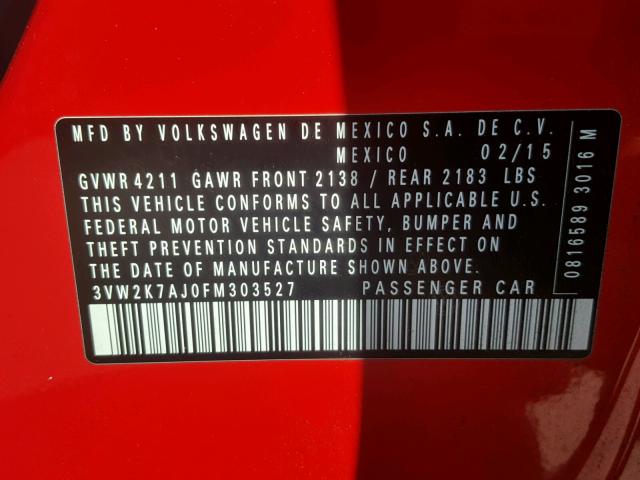 3VW2K7AJ0FM303527 - 2015 VOLKSWAGEN JETTA BASE RED photo 10