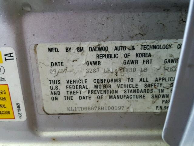 KL1TD66678B100197 - 2008 CHEVROLET AVEO BASE Күміс фото 10