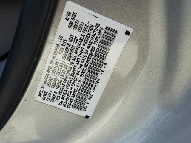 5FNRL38289B052089 - 2009 HONDA ODYSSEY LX SILVER photo 10