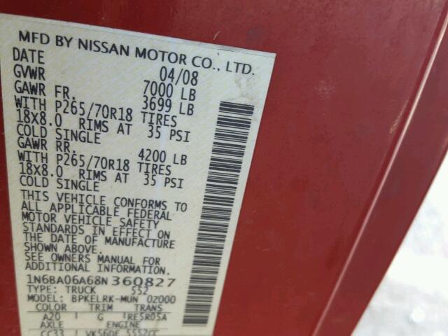 1N6BA06A68N360827 - 2008 NISSAN TITAN XE RED photo 10