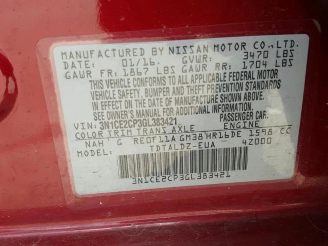 3N1CE2CP3GL383421 - 2016 NISSAN VERSA NOTE RED photo 10