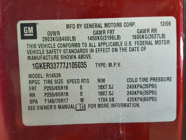 1GKER33777J105035 - 2007 GMC ACADIA SLT 红色 照片 10