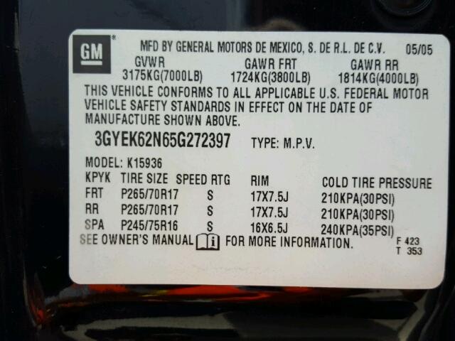 3GYEK62N65G272397 - 2005 CADILLAC ESCALADE E BLACK photo 10