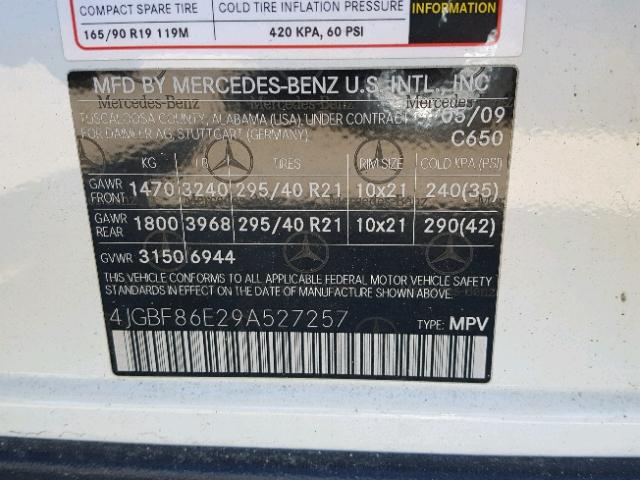 4JGBF86E29A527257 - 2009 MERCEDES-BENZ GL 550 4MA WHITE photo 10