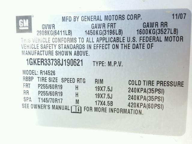 1GKER33738J190621 - 2008 GMC ACADIA SLT თეთრი ფოტო 10