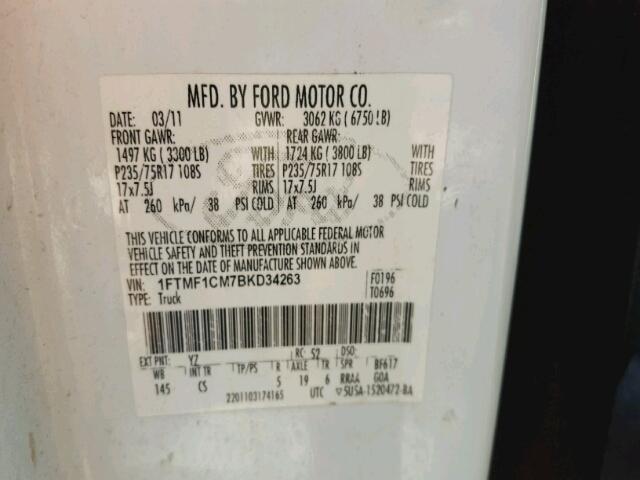 1FTMF1CM7BKD34263 - 2011 FORD F150 WHITE photo 10