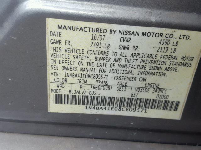 1N4BA41E08C809571 - 2008 NISSAN MAXIMA SE GRAY photo 10