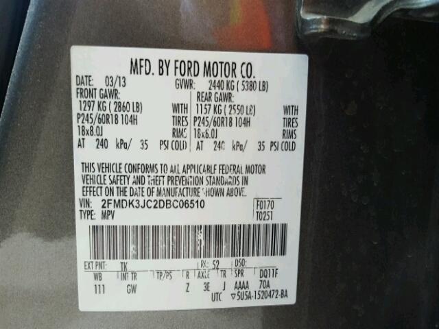 2FMDK3JC2DBC06510 - 2013 FORD EDGE SEL GRAY photo 10