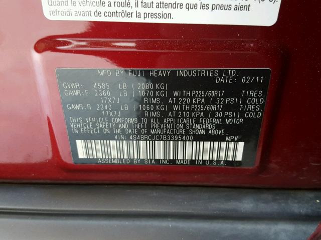 4S4BRCJC7B3395400 - 2011 SUBARU OUTBACK 2. RED photo 10