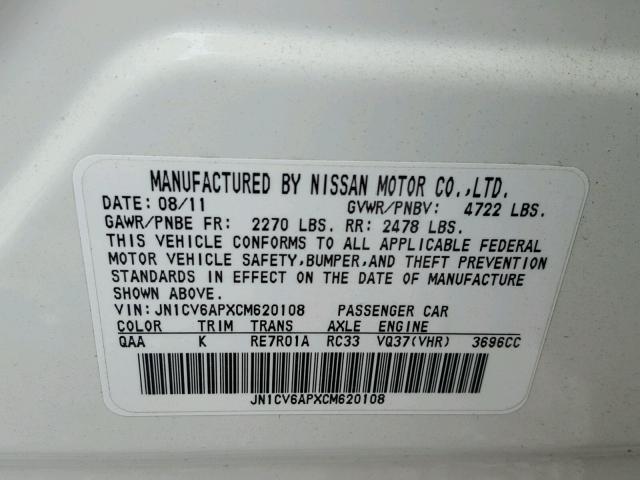 JN1CV6APXCM620108 - 2012 INFINITI G37 BASE WHITE photo 10