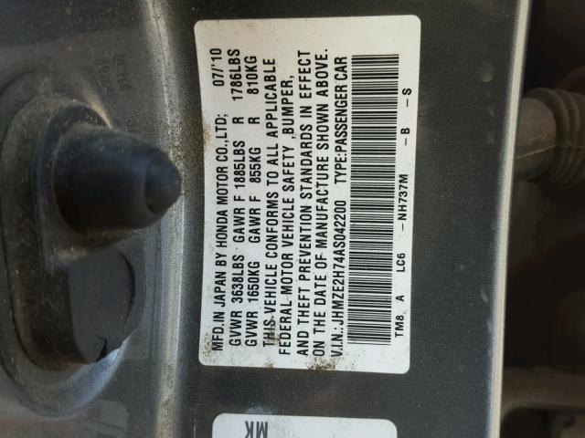 JHMZE2H74AS042200 - 2010 HONDA INSIGHT GRAY photo 10