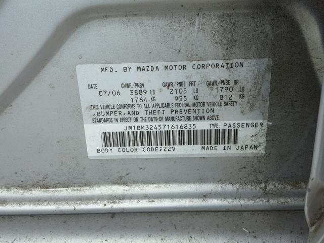 JM1BK324571616835 - 2007 MAZDA 3 S SILVER photo 10