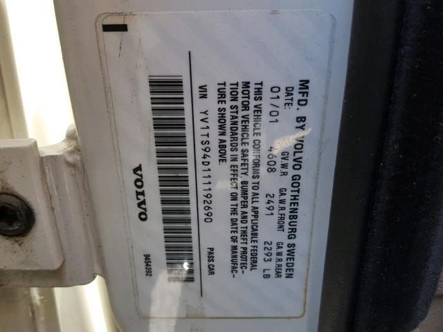 YV1TS94D111192690 - 2001 VOLVO S80 WHITE photo 10