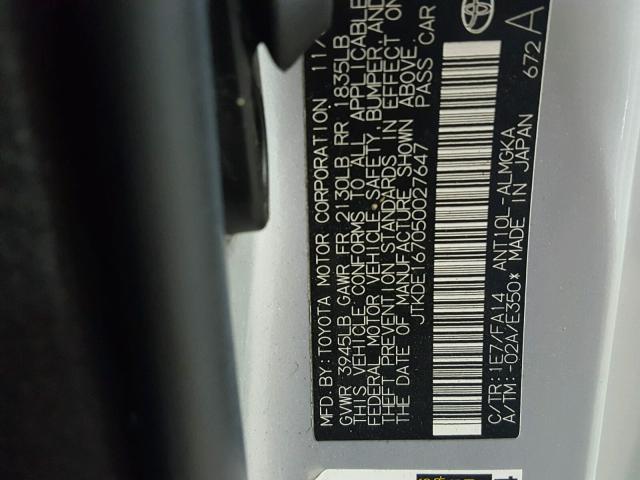 JTKDE167050027647 - 2005 TOYOTA SCION TC 银色 照片 10