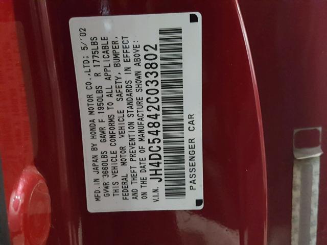 JH4DC54842C033802 - 2002 ACURA RSX RED photo 10