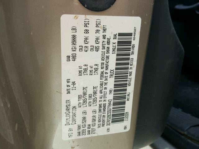3D7KS28C55G770443 - 2005 DODGE RAM 2500 S GOLD photo 10