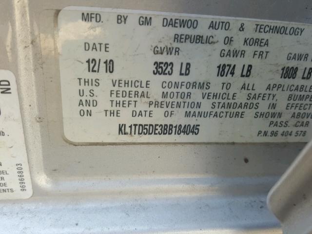 KL1TD5DE3BB184045 - 2011 CHEVROLET AVEO LS SILVER photo 10