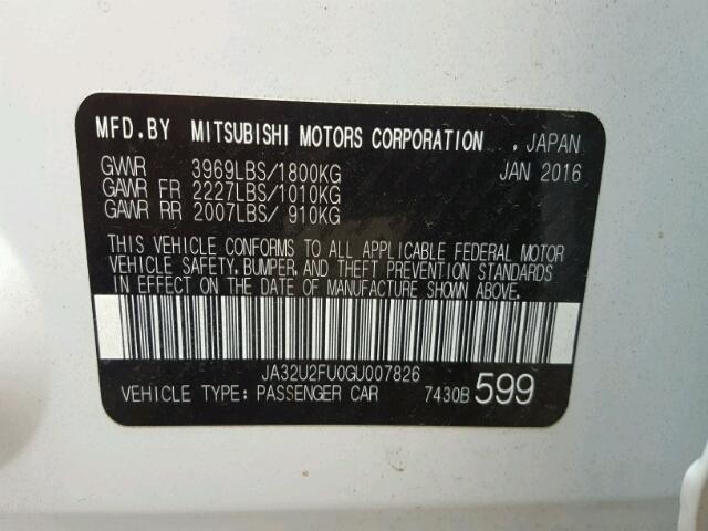 JA32U2FU0GU007826 - 2016 MITSUBISHI LANCER ES WHITE photo 10