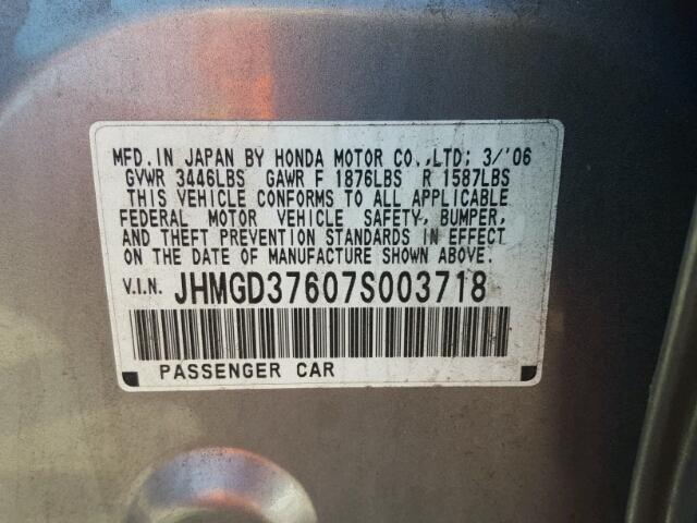 JHMGD37607S003718 - 2007 HONDA FIT S SILVER photo 10