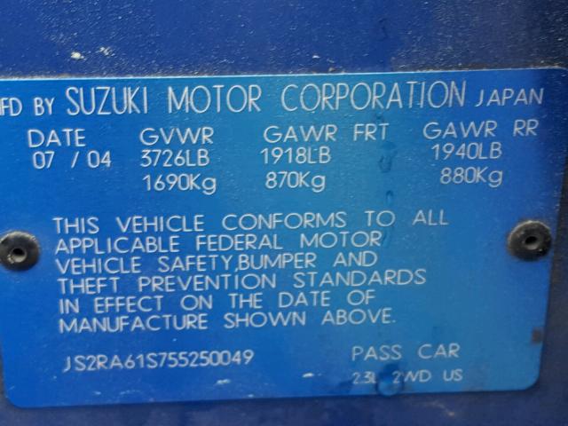 JS2RA61S755250049 - 2005 SUZUKI AERIO S BLUE photo 10