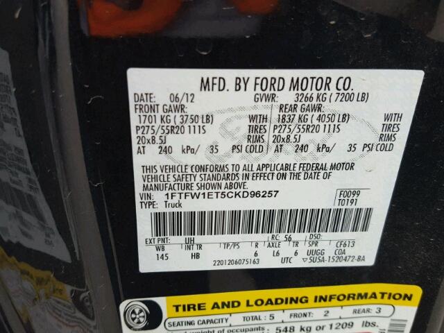 1FTFW1ET5CKD96257 - 2012 FORD F150 SUPER BLACK photo 10