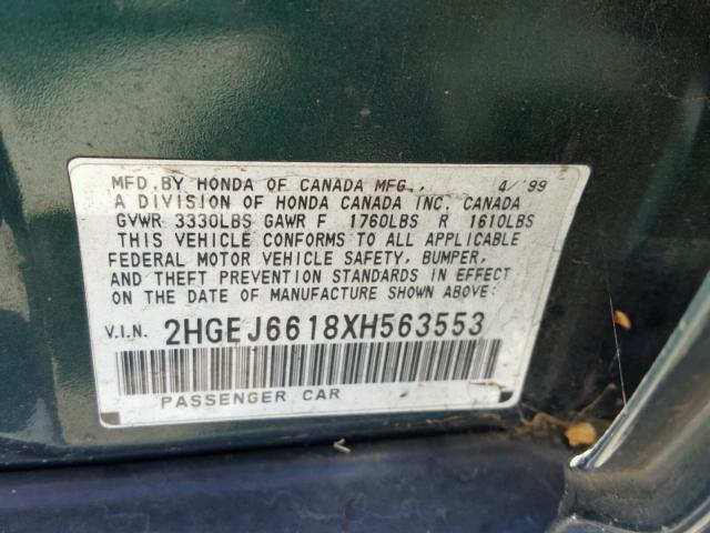 2HGEJ6618XH563553 - 1999 HONDA CIVIC BASE 绿色 照片 10