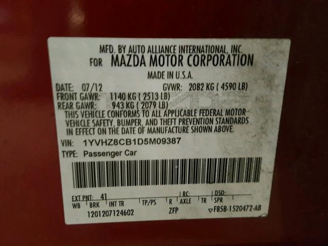 1YVHZ8CB1D5M09387 - 2013 MAZDA 6 GRAND TO RED photo 10