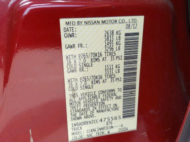 1N6AD0EV2CC475565 - 2012 NISSAN FRONTIER S RED photo 10