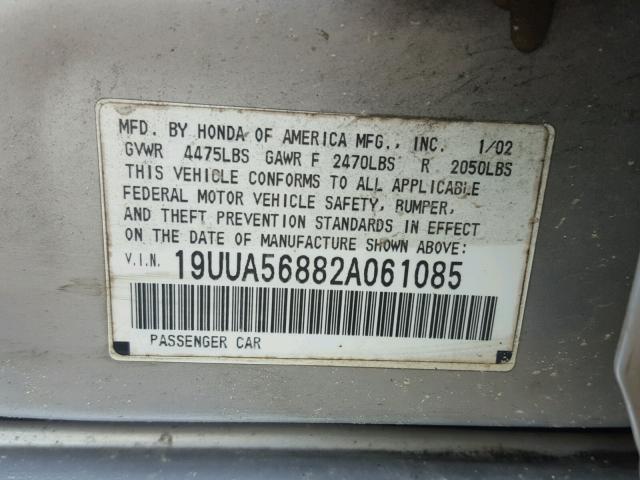 19UUA56882A061085 - 2002 ACURA 3.2TL TYPE SILVER photo 10