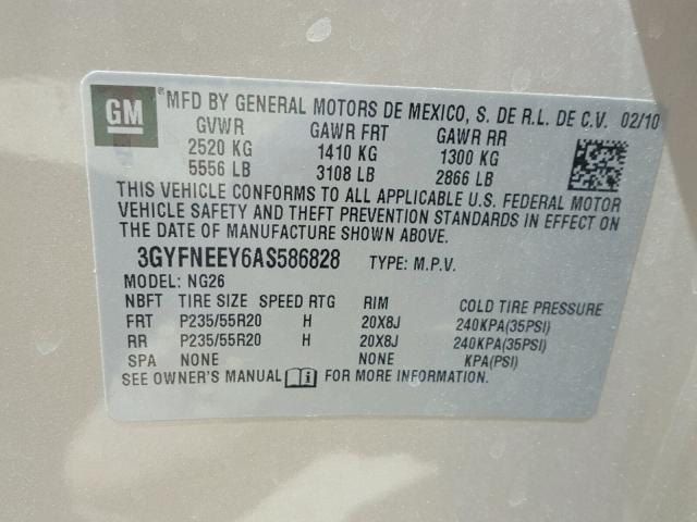 3GYFNEEY6AS586828 - 2010 CADILLAC SRX PERFOR 米色 照片 10