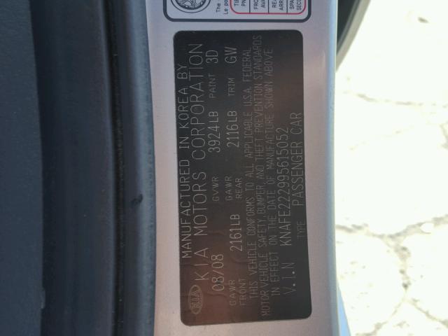 KNAFE222995615052 - 2009 KIA SPECTRA EX SILVER photo 10