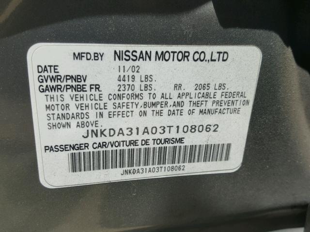 JNKDA31A03T108062 - 2003 INFINITI I35 CHARCOAL photo 10