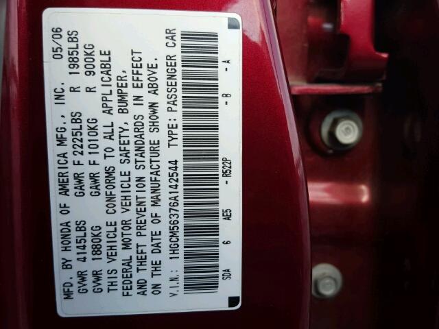 1HGCM56376A142544 - 2006 HONDA ACCORD SE RED photo 10