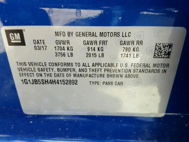 1G1JB5SH4H4152892 - 2017 CHEVROLET SONIC LS BLUE photo 10