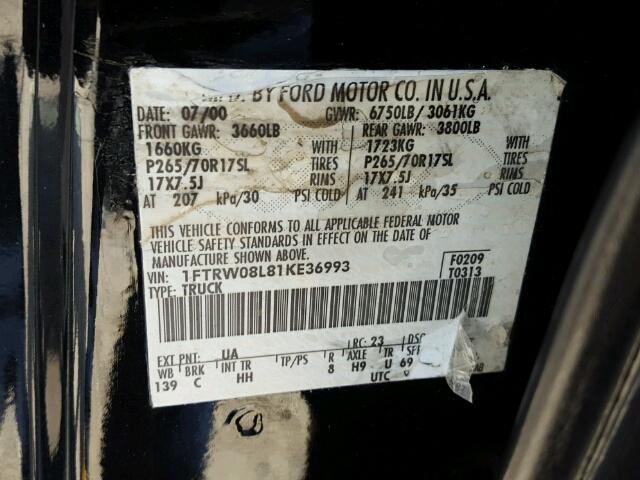 1FTRW08L81KE36993 - 2001 FORD F150 BLACK photo 10