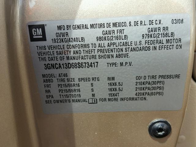 3GNCA13D68S673417 - 2008 CHEVROLET HHR LS BEIGE photo 10