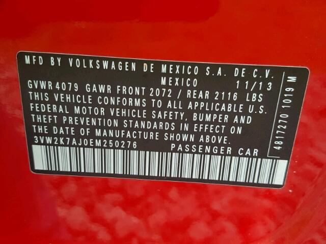 3VW2K7AJ0EM250276 - 2014 VOLKSWAGEN JETTA BASE 红色 照片 10