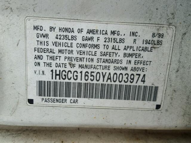 1HGCG1650YA003974 - 2000 HONDA ACCORD EX WHITE photo 10