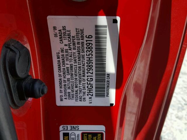 2HGFG12989H538916 - 2009 HONDA CIVIC EXL RED photo 10