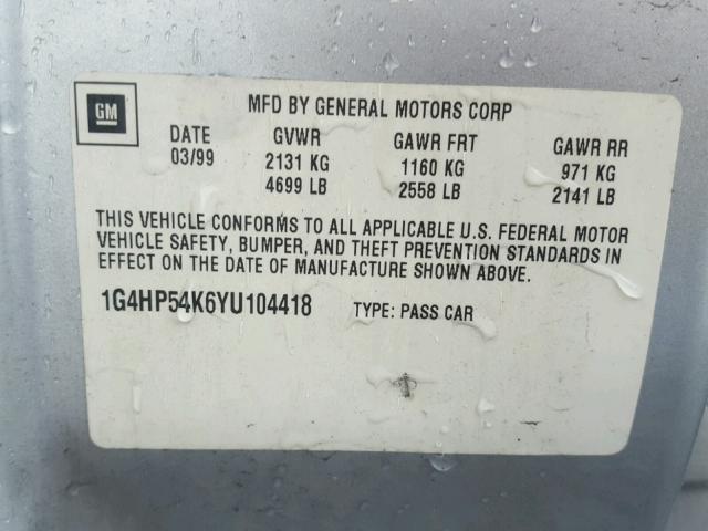 1G4HP54K6YU104418 - 2000 BUICK LESABRE CU SILVER photo 10