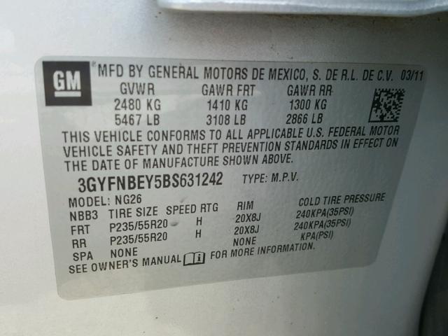 3GYFNBEY5BS631242 - 2011 CADILLAC SRX PERFOR 银色 照片 10