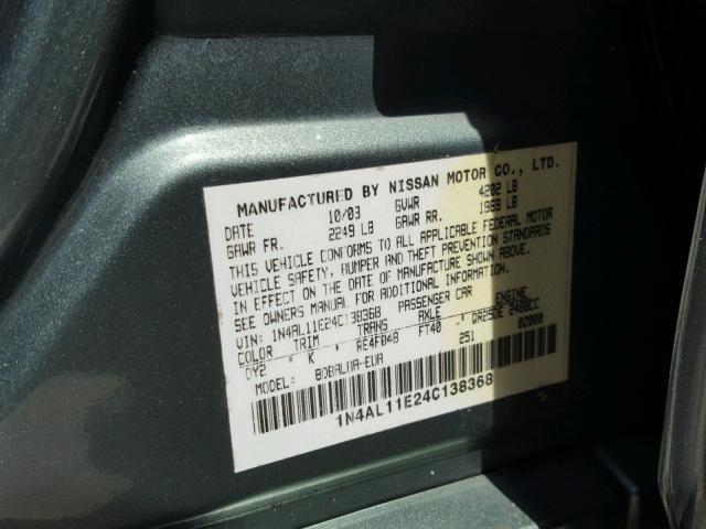 1N4AL11E24C138368 - 2004 NISSAN ALTIMA BAS GREEN photo 10