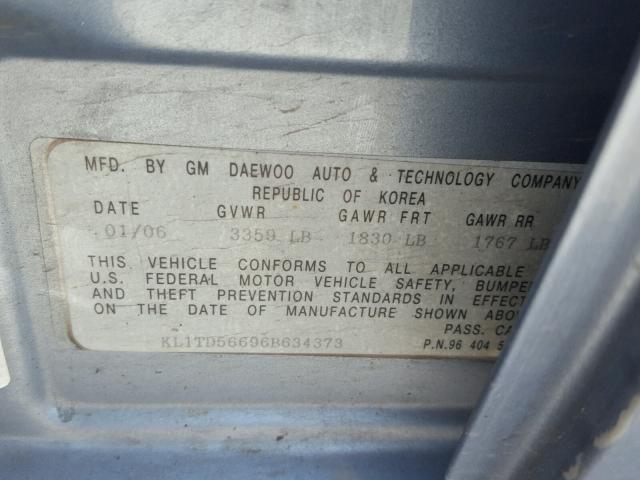 KL1TD56696B634373 - 2006 CHEVROLET AVEO BASE Көк фото 10