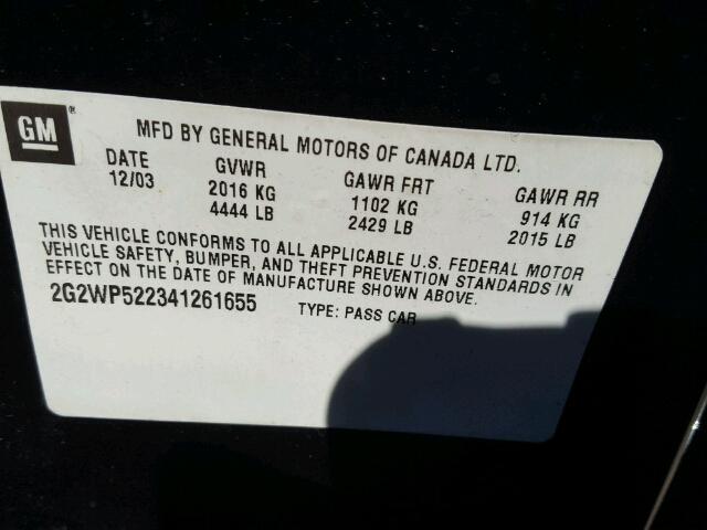 2G2WP522341261655 - 2004 PONTIAC GRAND PRIX BLACK photo 10