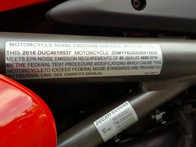 ZDM1YBJS2GB012632 - 2016 DUCATI HYPERMOTAR RED photo 10