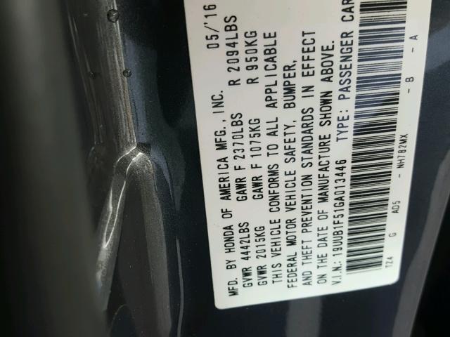 19UUB1F51GA013446 - 2016 ACURA TLX TECH GRAY photo 10